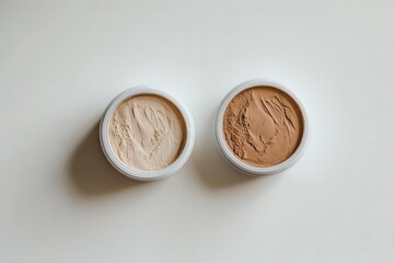 Poster - Two face powders in white containers on a clean white surface for beauty and makeup concept flat lay top view minimal style