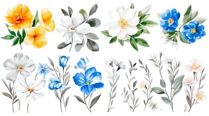 Poster - Elegant watercolor floral set showcasing a variety of hand painted botanical elements with expressive brushstrokes and a harmonious color palette beautifully presented on a clean white background