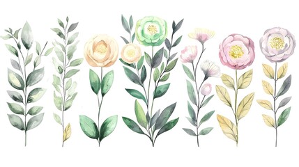 Aufkleber - Enchanting Watercolor Botanical Set with Intricate Floral Designs in Soft Pastel Tones   A mesmerizing composition featuring hand painted blooms leaves and foliage blending seamless on a clean canvas
