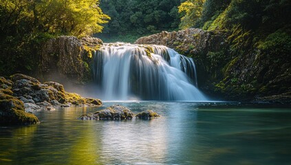 Poster - Serene Waterfall Cascading Over Mossy Rocks Surrounded by Lush Greenery in a Tranquil Stream Under Soft Sunlight