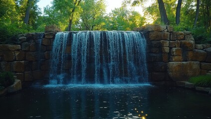 Poster - Serene Waterfall Cascading Over Natural Rock Formation Surrounded By Lush Greenery In A Peaceful Park Setting Under Clear Blue Sky