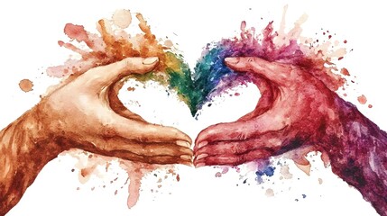 Leinwandbilder - Stunning hand painted watercolor composition of two intertwined hands shaping a heart using soft pastels and vivid splashes to evoke warmth compassion and