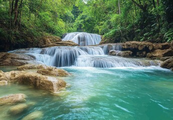 Poster - Serene Waterfall Cascading Over Rocks in a Lush Green Forest with Crystal Clear Pool Beneath, Nature's Tranquility Captured in Stunning Landscape Photography