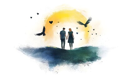 Poster - Romantic and Whimsical Digital Depicting a Loving Couple Holding Hands Surrounded by Floating Hearts Set Against a Picturesque Sunset Landscape with Birds and Flowers