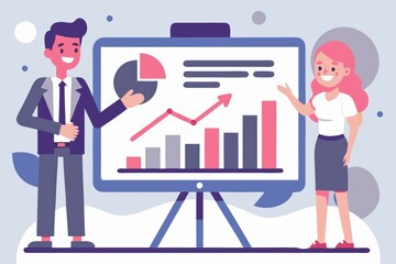 Poster - A business presentation featuring two professionals discussing data on a chart, showcasing growth and analysis in a modern setting.