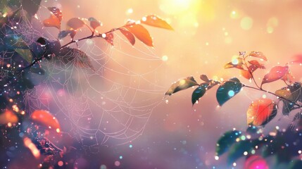 Magical morning dew background with spiderwebs and dewdrops refracting morning light into tiny rainbows