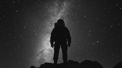 a black and white silhouette of an astronaut in space with distant stars in the backdrop