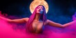 © ZRO - A woman with braided hair poses dramatically against a large moon, surrounded by colorful smoke