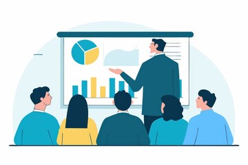 Poster - A professional presentation features a speaker addressing an audience, with charts and graphs displayed on a screen.