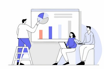 Poster - A group of professionals analyzing data on a presentation board, featuring charts and graphs, while one person stands on a ladder.