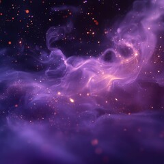 Poster - Ethereal purple nebula with shimmering golden particles creating a dreamy cosmic background for creative projects and designs
