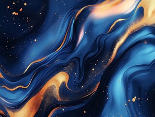 Poster - Luxurious abstract navy blue and gold marble background with shimmering glitter and elegant fluid art design