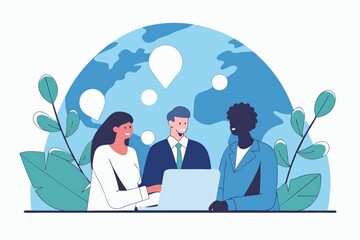 Poster - A diverse group of people collaborating around a laptop, set against a blue globe backdrop, representing teamwork and global connectivity.