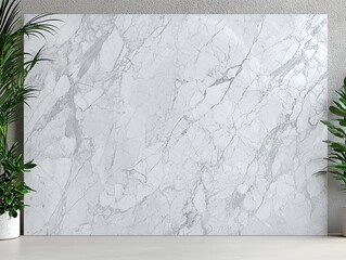Poster - Beautiful marble wall adorned with lush green plants creating a harmonious and serene atmosphere in interior spaces