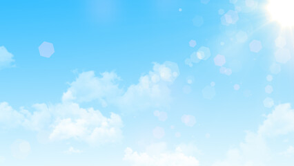 blue sky with clouds and sun rays with shiny bokeh lights,nature weather spring and summer day time 