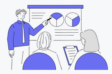 Poster - A presenter explains data using pie charts during a meeting, while attendees listen and take notes.