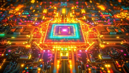 Fototapete - Bright CPU Circuit Board Lights Up