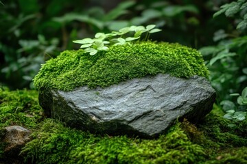 Poster - Verdant moss covered rock in serene forest setting with lush foliage and delicate clover plants adding a touch of natural beauty and tranquility