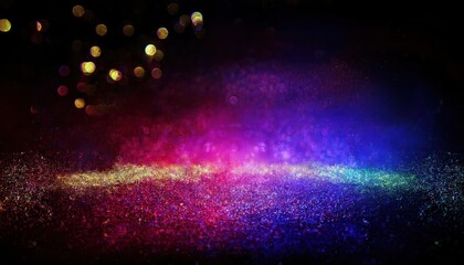 Poster - shimmering cosmic dust explosion in vibrant neon colors with golden sparkles on dark background, abstract fantasy scene

