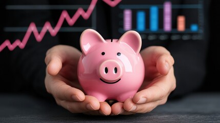 Poster - Close-up of a banker hands protecting a piggy bank with financial charts in the background.
