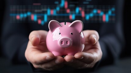Poster - Close-up of a banker hands protecting a piggy bank with financial charts in the background.