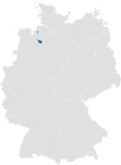  gray map of germany with 16 separated federal states, Bremen (Hanseatic City) highlighted blue 