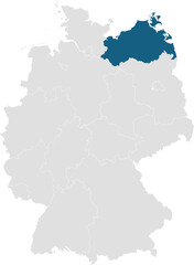 Naklejka na meble gray map of germany with 16 separated federal states, Mecklenburg-Western Pomerania highlighted blue 