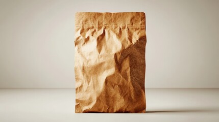 Poster - Minimalist studio shot of a wrinkled brown paper bag standing upright on a neutral background offering versatile design space and natural texture