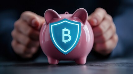 Poster - Conceptual image of hands hovering over a piggy bank with a shield icon, representing banking security.