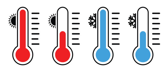 Fototapete - Temperature icon set. Low and high temperature symbol in colour style for website logo design. Thermometer vector sign isolated on white background. Cold and hot icon symbol. Vector image.