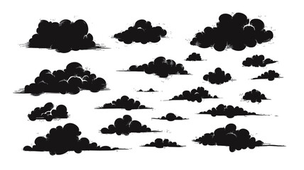 the image contains a collection of various-sized black cloud silhouettes against a white background.