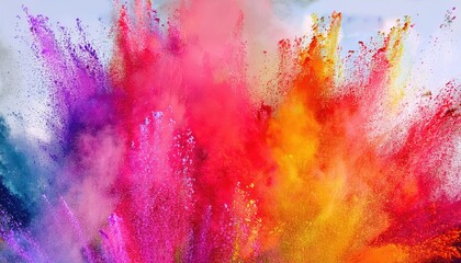 Poster - vibrant explosion of colorful powder in motion with vivid red, purple, yellow, and orange hues on a soft pastel background

