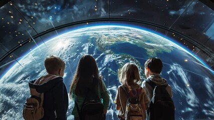 Aufkleber - This Children observe Earth beautifully displayed in a futuristic space tourism center.