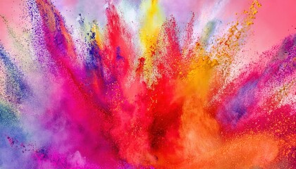 Poster - vibrant explosion of colorful powder in motion with vivid red, purple, yellow, and orange hues on a soft pastel background


