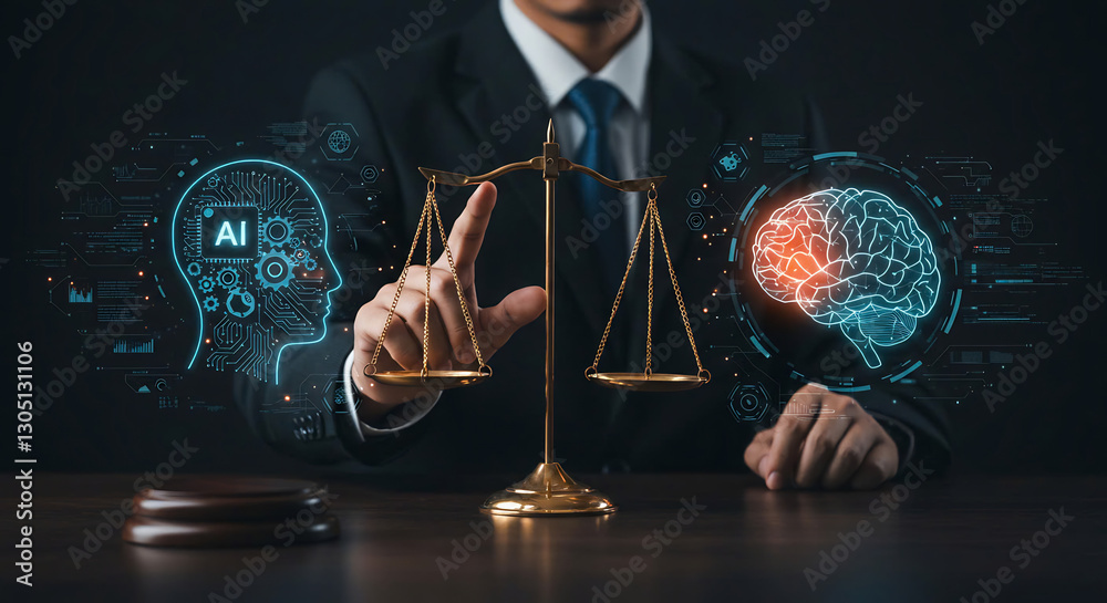Male Lawyer Using Digital Scales of Justice with AI Brain Hologram ...