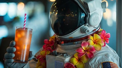 Aufkleber - This astronaut, adorned with a lei, holds a colorful drink, capturing the essence of space tourism.