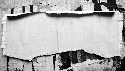 Poster - torn white paper on urban grunge wall with abstract black graffiti, blank ripped poster template, textured street art frame


