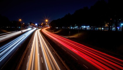 Poster - As the dense traffic flows on the highway at night, the vibrant
