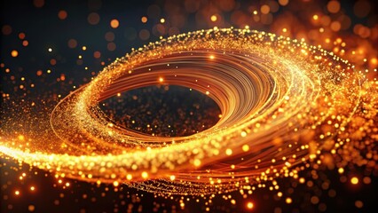 swirling orange particles suspended in mid-air within an optical fiber, resembling a cosmic dance , 