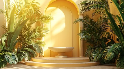 Poster - Elegant outdoor setting showcasing a podium surrounded by lush plants under sunlit arches