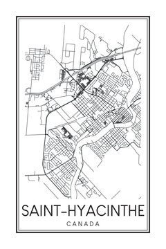 Printable downtown road map poster of the Canadian city of SAINT-HYACINTHE on solid white background with city name