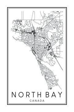 Printable downtown road map poster of the Canadian city of NORTH BAY on solid white background with city name