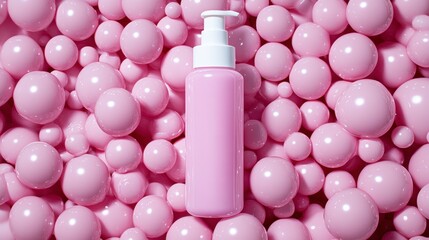 Poster - Pink cosmetic bottle on a bed of pink spheres. High key lighting, soft shadows, and a clean background create a visually appealing product shot.