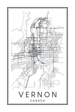 Printable downtown road map poster of the Canadian city of VERNON on solid white background with city name