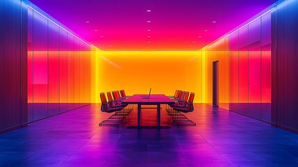 Poster - Empty modern conference room with table and chairs under colorful ceiling lights