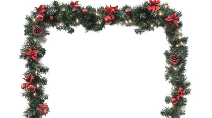 Poster - Christmas garland frame with red ornaments, pine cones, poinsettias and string lights decorating a transparent background