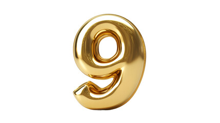 Poster - Golden metallic number 9 balloon floating, reflecting light against transparent surface