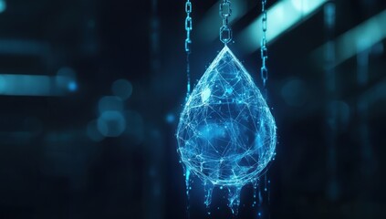 abstract digital water drop suspended by chains, illuminated with glowing lines and dripping effect,