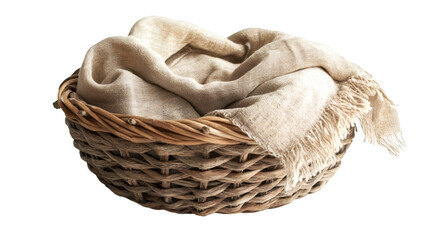 Poster - Neutral wicker basket holding soft beige blanket, clean background supporting minimalist styling for newborn or product photography