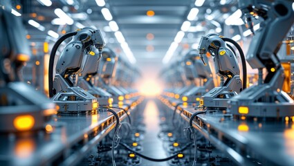 Poster - robotic arms working in a high-tech manufacturing facility during a bright day